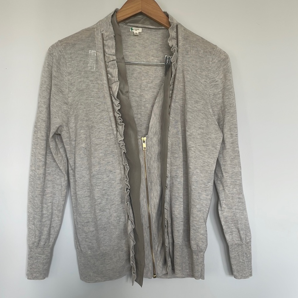 J. Crew Zipper Front Silk Ruffle Sweater Sz XL EUC